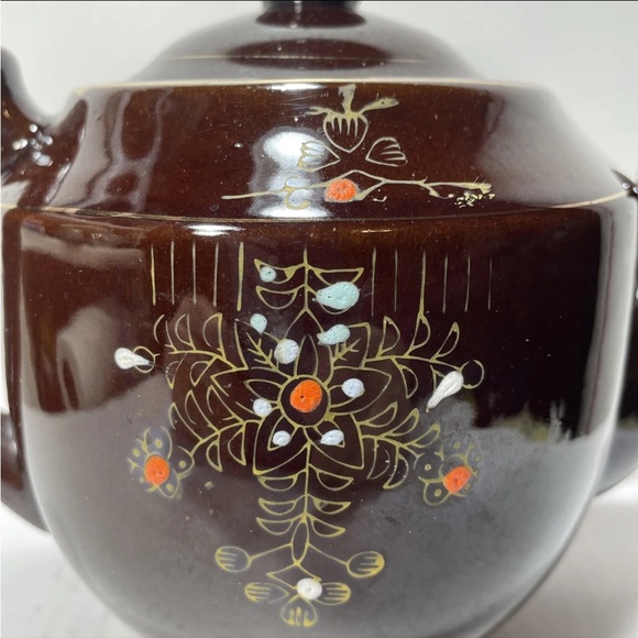 Vintage Brown Betty Redware Teapot Enamel Hand Painted Made In Japan. - Picture 2 of 11
